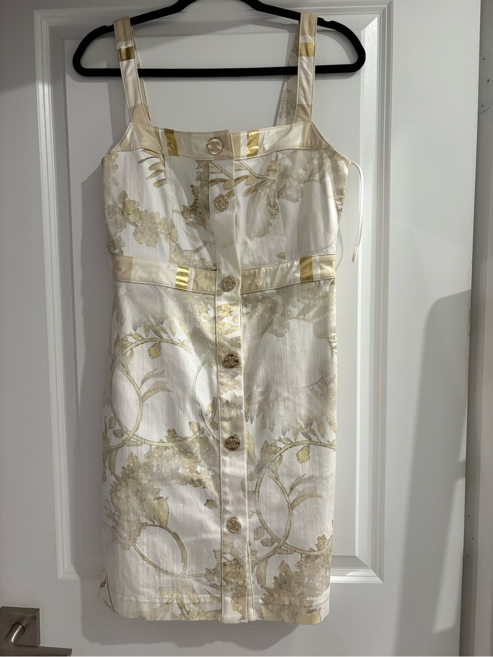 CHANEL Cream and Gold Floral Button-Front Mini Dress